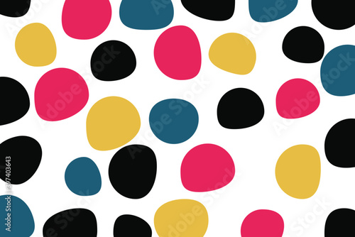 Abstract background pattern made with colorful, circular, organic geometric shapes. Modern, playful and simple vector art in yellow, red, blue and black colors.
