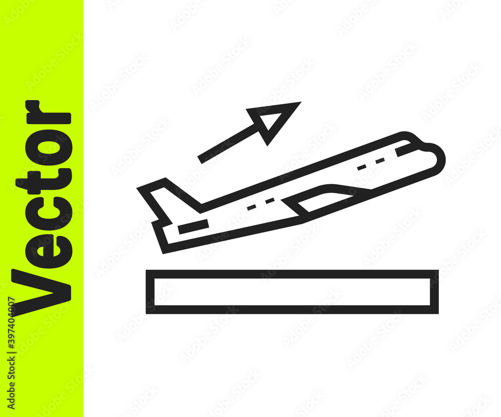 Black line Plane takeoff icon isolated on white background. Airplane transport symbol. Vector. Black line Plane takeoff icon isolated on white background. Airplane transport symbol. Vector.