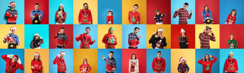 Collage with photos of adults and children in different Christmas sweaters on color backgrounds. Banner design
