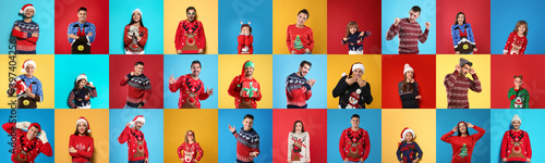 Fotografi Collage with photos of adults and children in different Christmas sweaters on color backgrounds