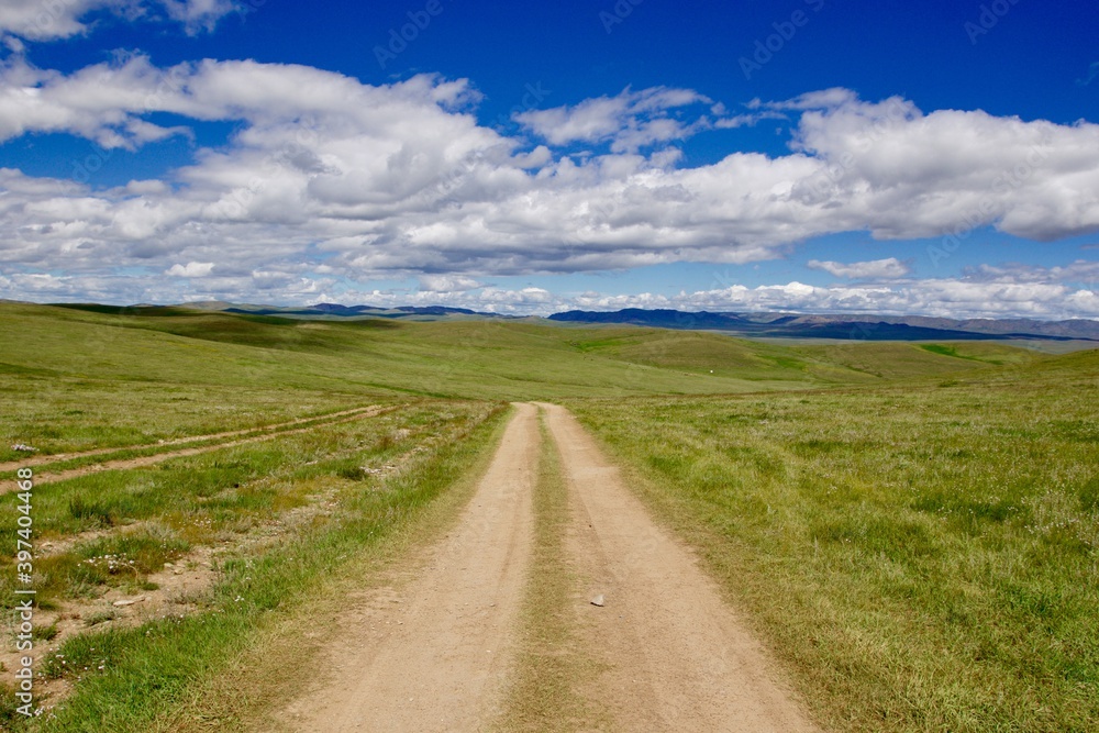 Dirty road in the green steppa of  Mongolia 