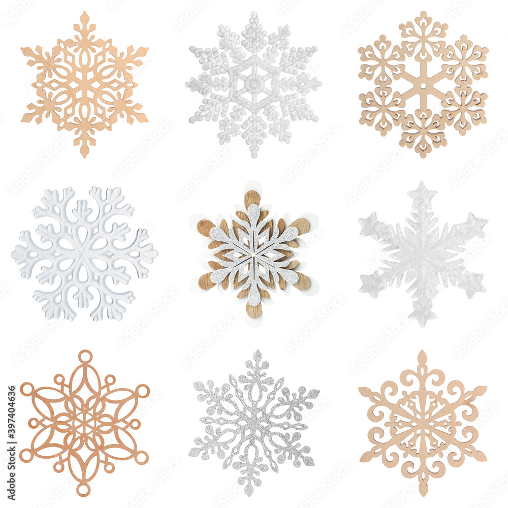 Fototapeta premium Set of beautiful decorative snowflakes on white background
