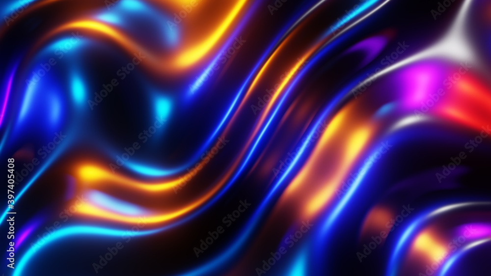 Abstract background, liquid metal waves with neon colors, interesting texture 3D Render illustration. Abstract background, liquid metal waves with neon colors, interesting texture 3D Render illustration.