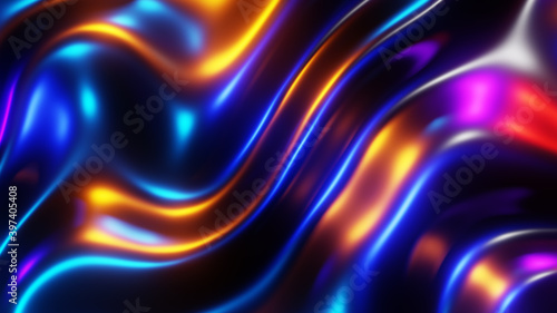 Abstract background  liquid metal waves with neon colors  interesting texture 3D Render illustration.