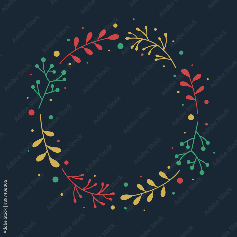 Concept of Christmas card with decorations and copyspace. Xmas wreath with mistletoe branches. Vector