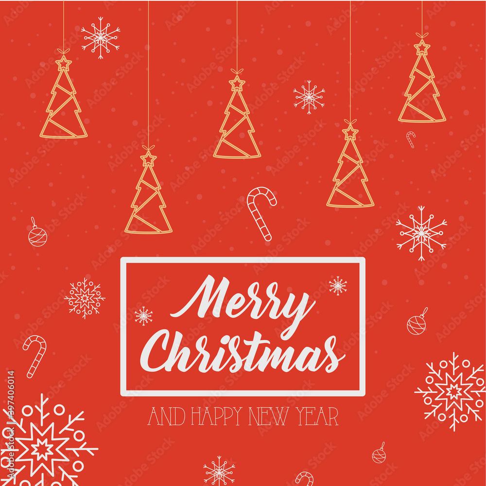 merry christmas pine trees hanging vector design