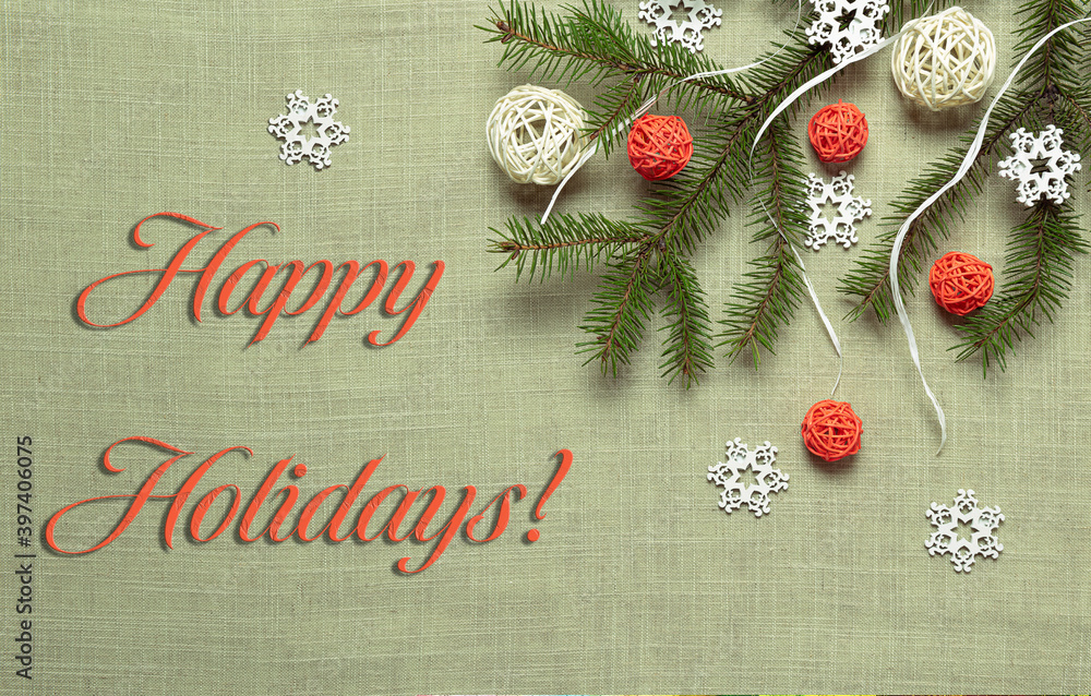Fototapeta premium Fir with natural recyclable decor and greeting