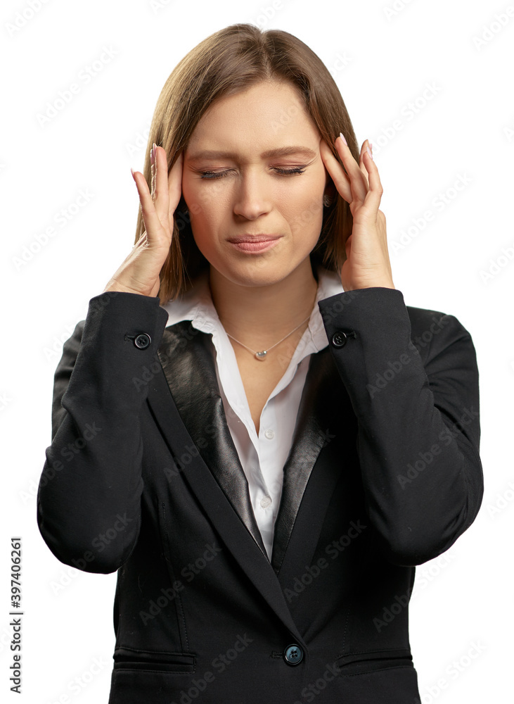 Feeling awful headache. Depressed young business woman holding head in hands and keeping eyes closed while standing isolated on white background. Feeling awful headache. Depressed young business woman holding head in hands and keeping eyes closed while standing isolated on white background.