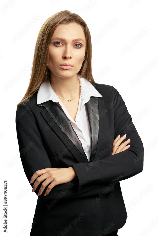 Confidence and charisma. Young business woman in suit looking at camera isolated on white background. Confidence and charisma. Young business woman in suit looking at camera isolated on white background.