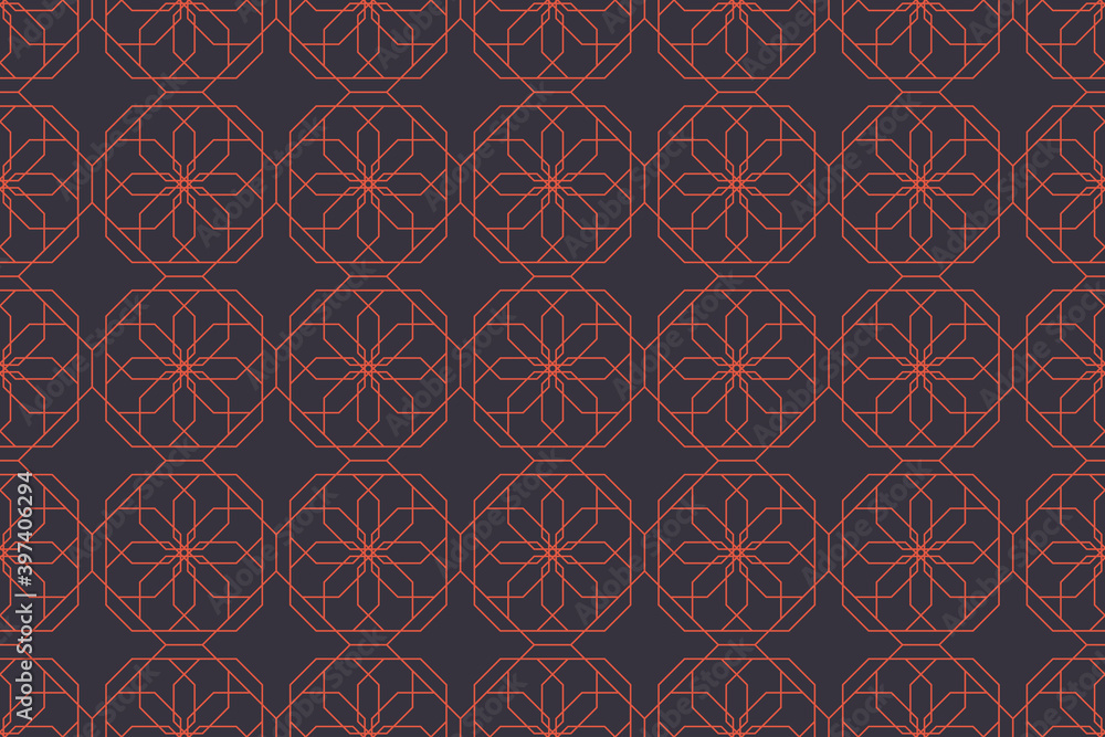 Seamless, abstract background pattern made with repeated lines forming polygonal geometric shapes in flower abstraction. Decorative, classical style vector art in orange and purple colors. Seamless, abstract background pattern made with repeated lines forming polygonal geometric shapes in flower abstraction. Decorative, classical style vector art in orange and purple colors.