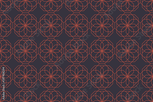 Seamless, abstract background pattern made with repeated lines forming polygonal geometric shapes in flower abstraction. Decorative, classical style vector art in orange and purple colors.