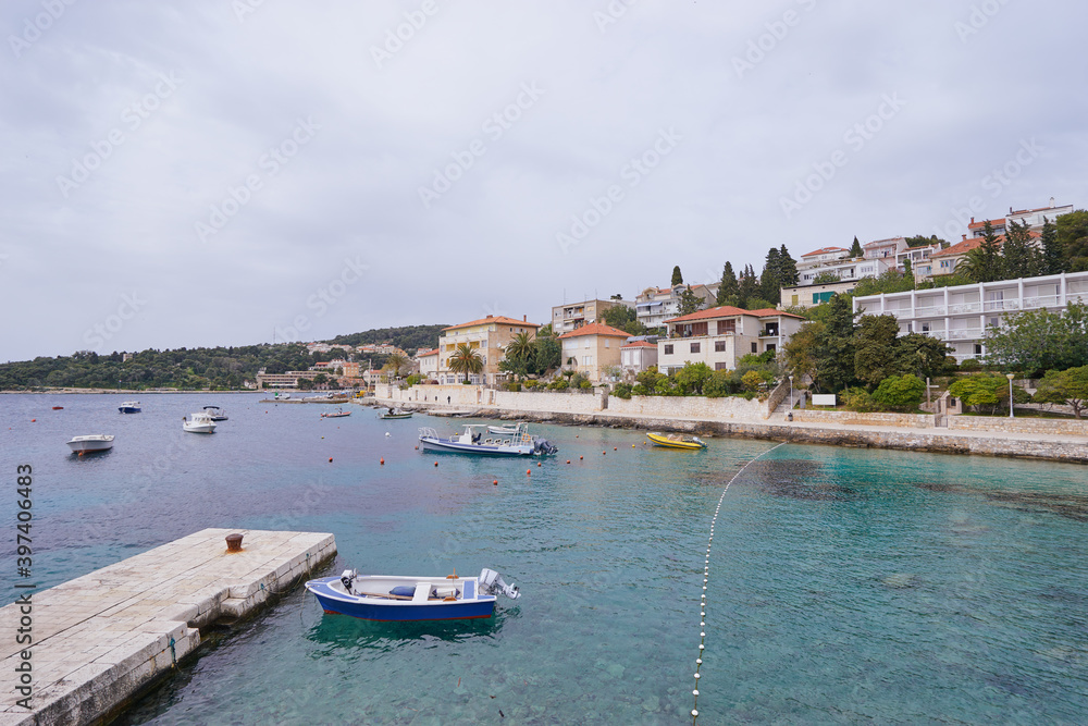 Hvar Old Town Promenade. Sea coast in Dalmatia,Croatia. A famous tourist destination on the Adriatic sea.