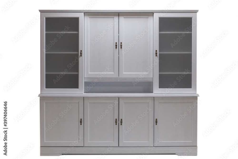 White kitchen cabinet with glass doors. Classical furniture made of natural wood. Modern luxury wooden kitchen isolated on a white background. White kitchen cabinet with glass doors. Classical furniture made of natural wood. Modern luxury wooden kitchen isolated on a white background.