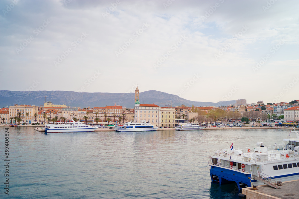 Split old town sea promenade and harbour, Croatia.