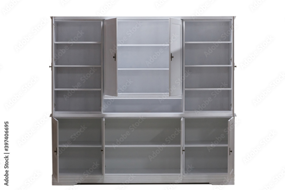 Retro style modern white kitchen cabinet with open doors and shelves. Open doors of a white wooden kitchen cabinet with shelves isolated on a white background. Retro style modern white kitchen cabinet with open doors and shelves. Open doors of a white wooden kitchen cabinet with shelves isolated on a white background.