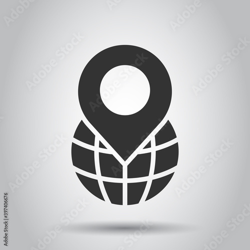Global navigation icon in flat style. Globe pin gps vector illustration on white isolated background. Planet direction business concept.
