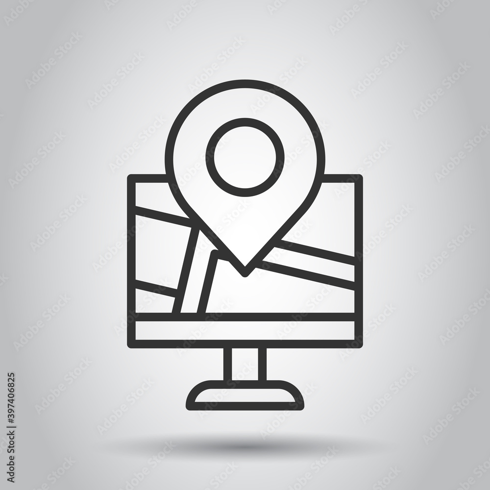 Computer navigation icon in flat style. Monitor pin gps vector illustration on white isolated background. City area location business concept. Computer navigation icon in flat style. Monitor pin gps vector illustration on white isolated background. City area location business concept.