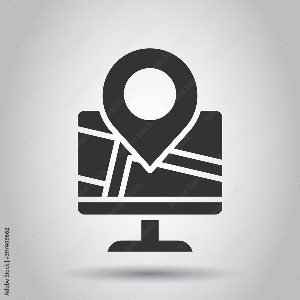 Computer navigation icon in flat style. Monitor pin gps vector illustration on white isolated background. City area location business concept. Computer navigation icon in flat style. Monitor pin gps vector illustration on white isolated background. City area location business concept.