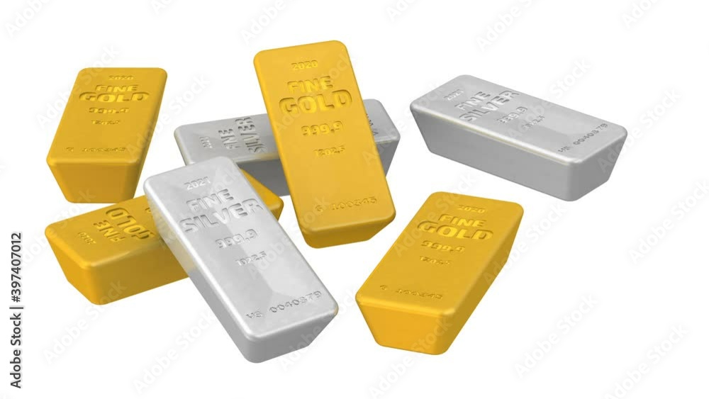 The highest standard Gold and Silver bars. A lot of ingots of 999.9 Fine Gold and Fine Silver are rotating on a white background. Footage video The highest standard Gold and Silver bars. A lot of ingots of 999.9 Fine Gold and Fine Silver are rotating on a white background. Footage video