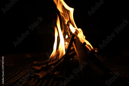 burning fire place at night