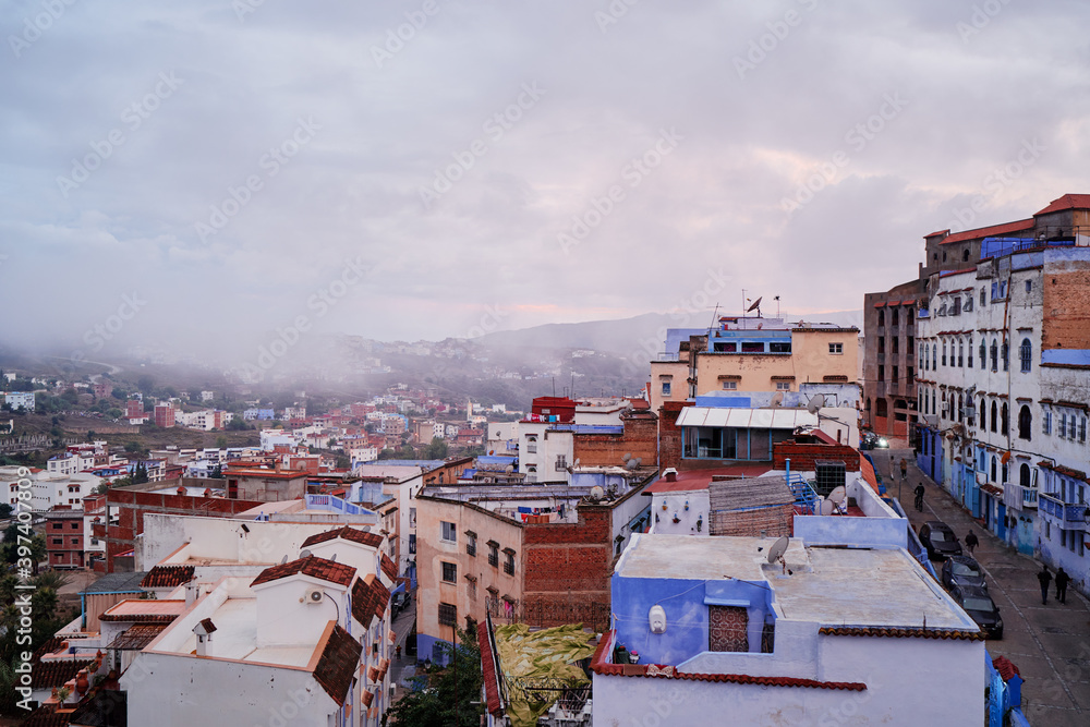 View from the roof top on the streets in the blue city of Chefchaouen, Morocco.