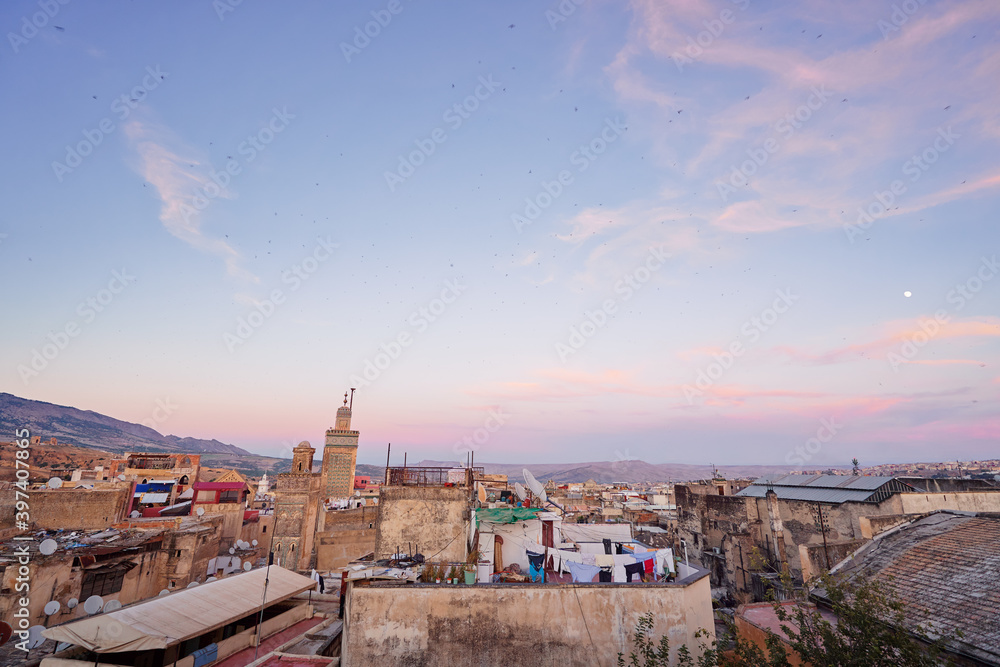 Fototapeta premium View of Fez City from the roof top terrace. Fes el Bali Medina, Morocco, Africa.