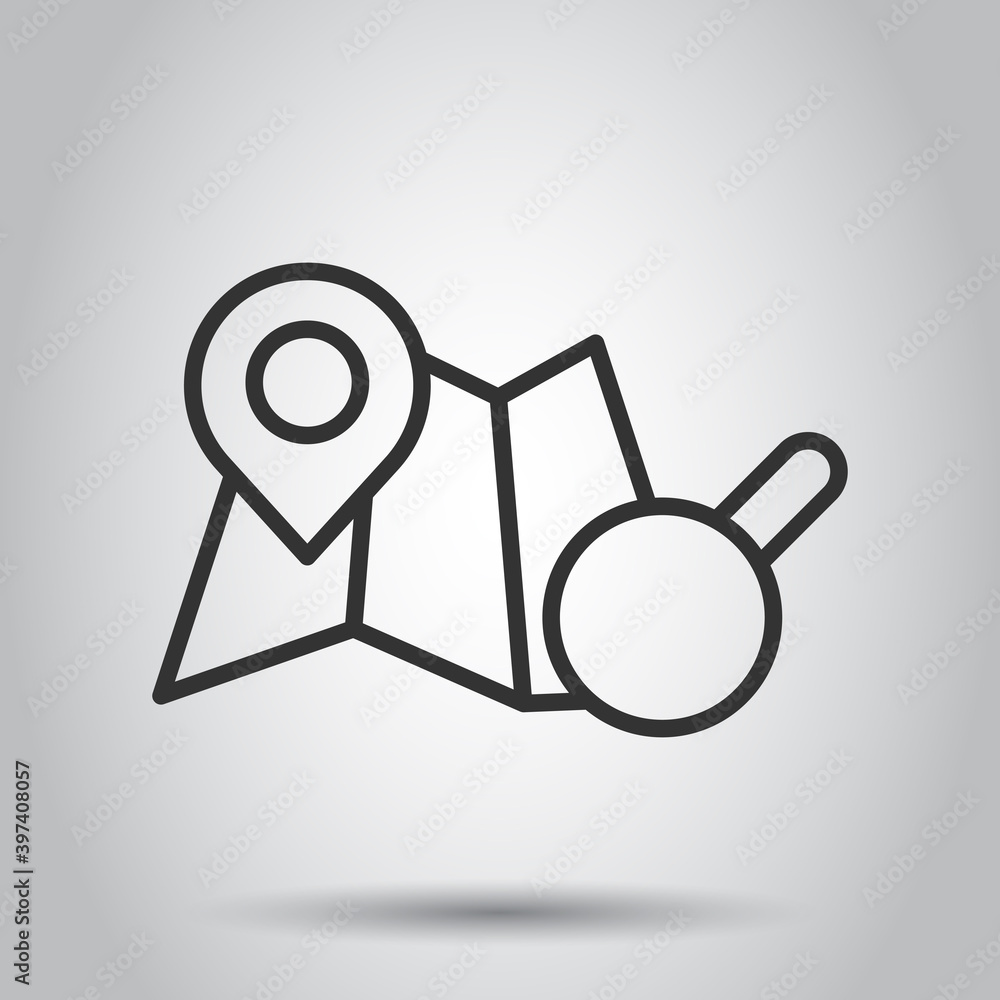 Map with magnifier icon in flat style. Gps navigation vector illustration on white isolated background. Locate position business concept. Map with magnifier icon in flat style. Gps navigation vector illustration on white isolated background. Locate position business concept.