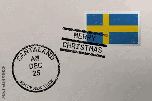 Postage stamp envelope with Sweden flag and Christmas and New Year stamps, vector