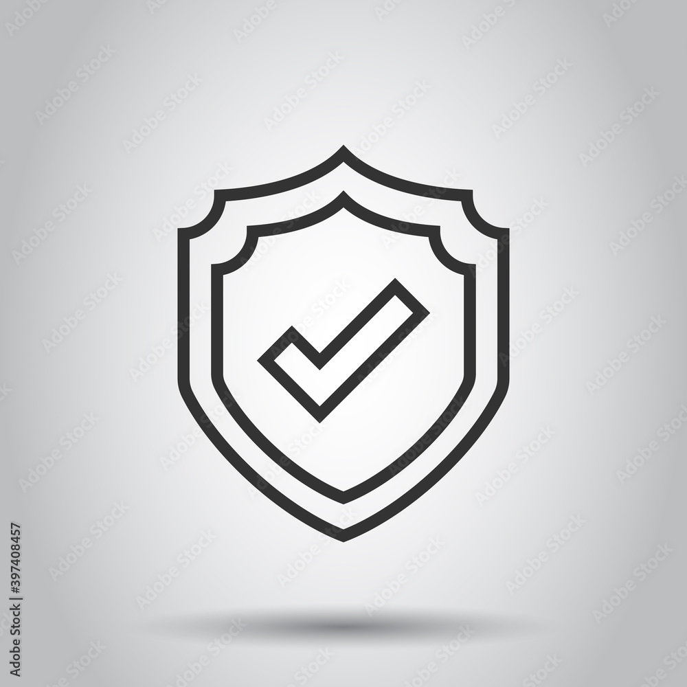 Shield with check mark icon in flat style. Protect vector illustration on white isolated background. Checkmark guard business concept. Shield with check mark icon in flat style. Protect vector illustration on white isolated background. Checkmark guard business concept.