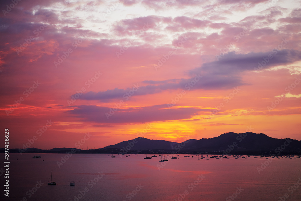 Beautiful landscape. Colorful sunset on the sea shore.