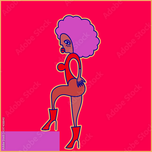 Illustration of woman posing with afro hair and red boots