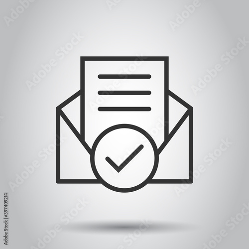 Envelope with confirmed document icon in flat style. Verify vector illustration on white isolated background. Receive business concept.