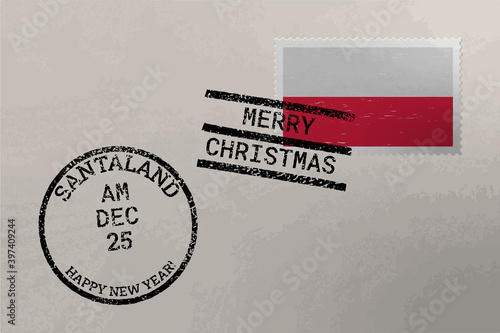 Postage stamp envelope with Poland flag and Christmas and New Year stamps, vector