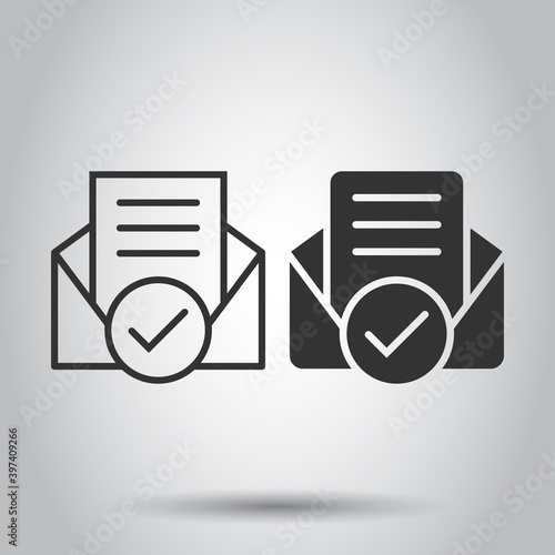 Envelope with confirmed document icon in flat style. Verify vector illustration on white isolated background. Receive business concept.