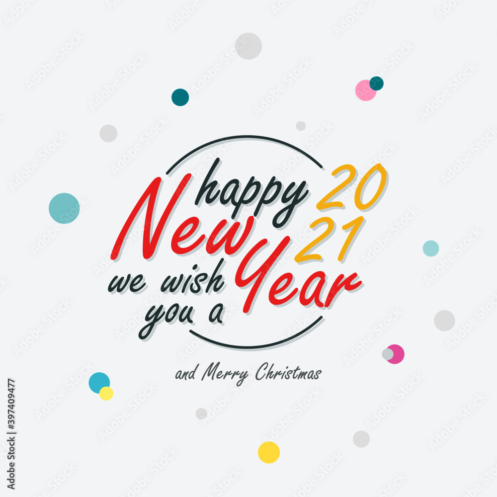 Happy New Year 2021 Lettering with ellipse elements. Holiday Vector Illustration.