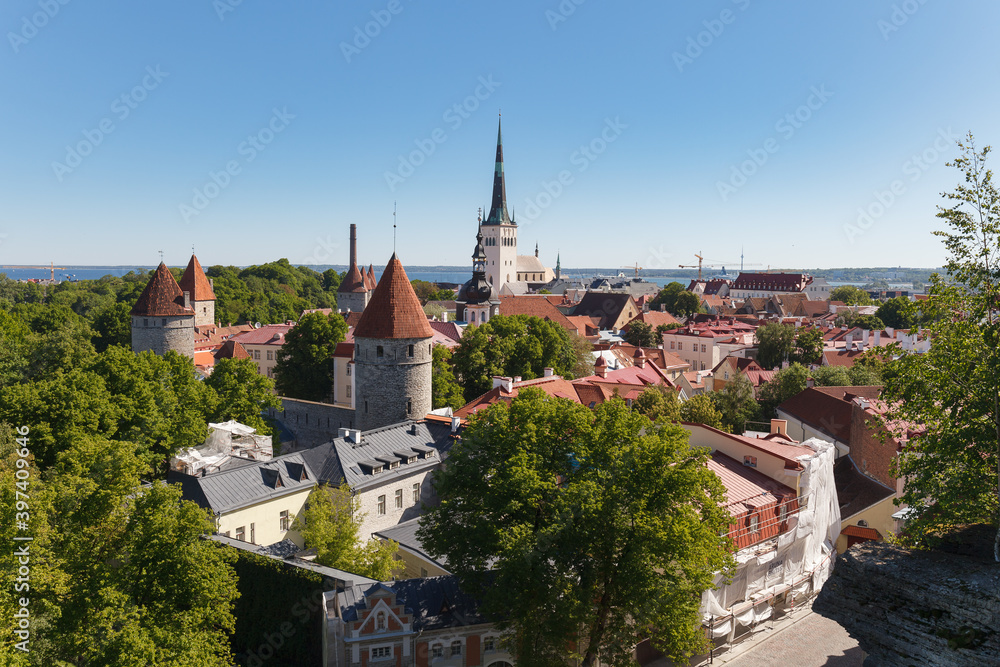 Aerial View of Tallinn Old Town from Toompea Hill at sunny summer day, Tallinn, Estonia