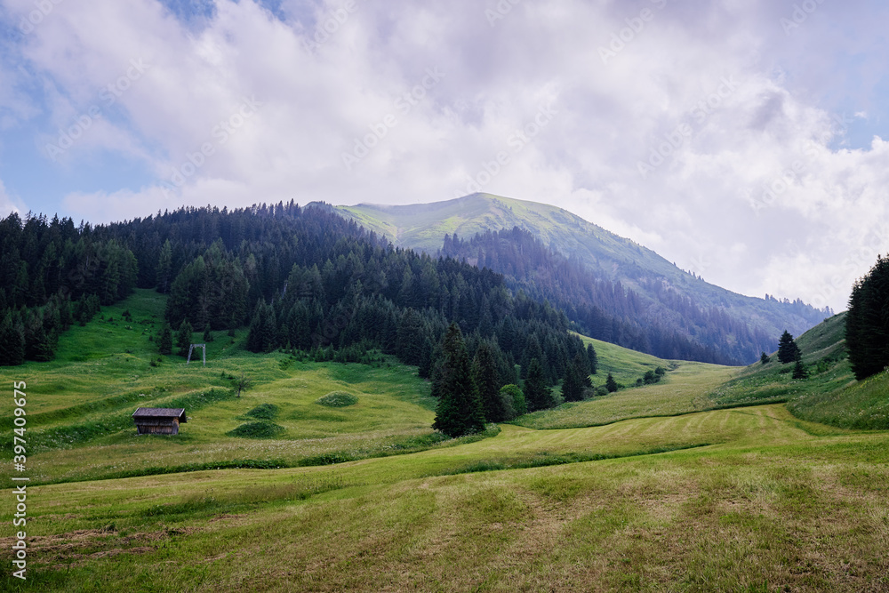 Summer vacation in Alps. Beautiful mountains landscape with green valley.