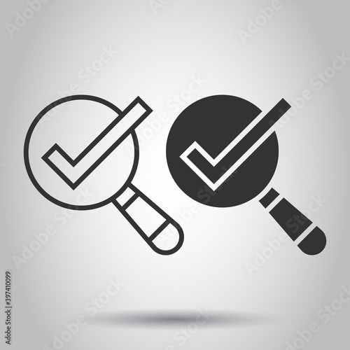 Check mark with magnifying glass icon in flat style. Loupe accept vector illustration on white isolated background. Search checklist business concept.