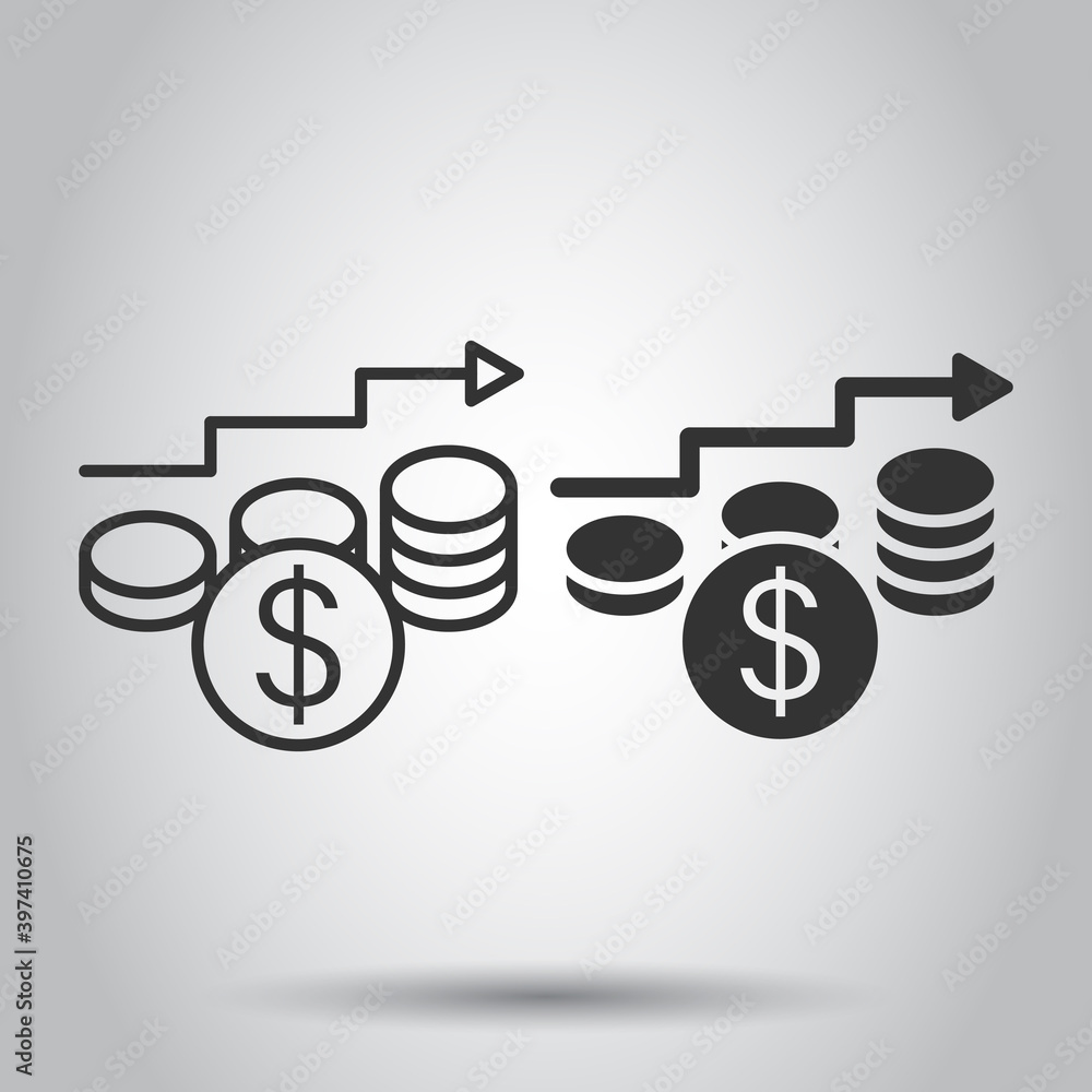 Income rate increase icon in flat style. Finance performance vector illustration on white isolated background. Coin with growth arrow business concept. Income rate increase icon in flat style. Finance performance vector illustration on white isolated background. Coin with growth arrow business concept.
