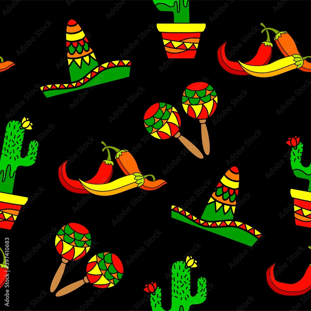 Mexican seamless pattern with sombrero hat, maracas,  cactus and chill pepper vector on black background