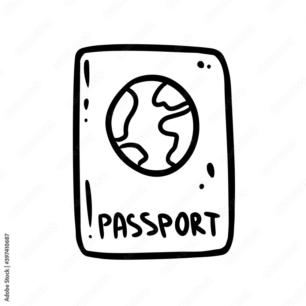 Cute cartoon passport doodle image logo. Travelogue logo. Media highlights graphic icon