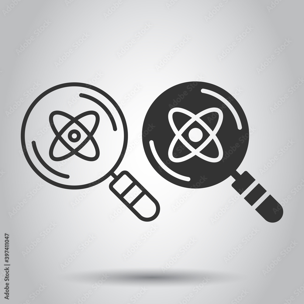 Science magnifier icon in flat style. Virus search vector illustration on white isolated background. Chemistry dna business concept. Science magnifier icon in flat style. Virus search vector illustration on white isolated background. Chemistry dna business concept.