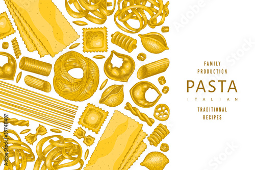 Italian pasta design template. Hand drawn vector food illustration. Vintage pasta different kinds background.