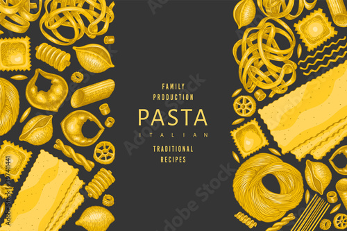 Italian pasta design template. Hand drawn vector food illustration. Vintage pasta different kinds background.