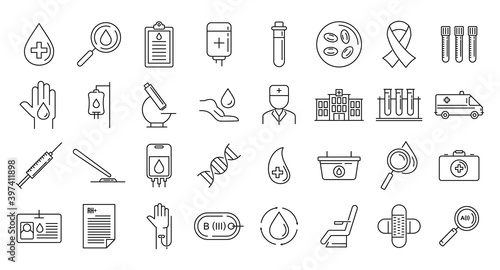 Blood donation icons set. Outline set of blood donation vector icons for web design isolated on white background
