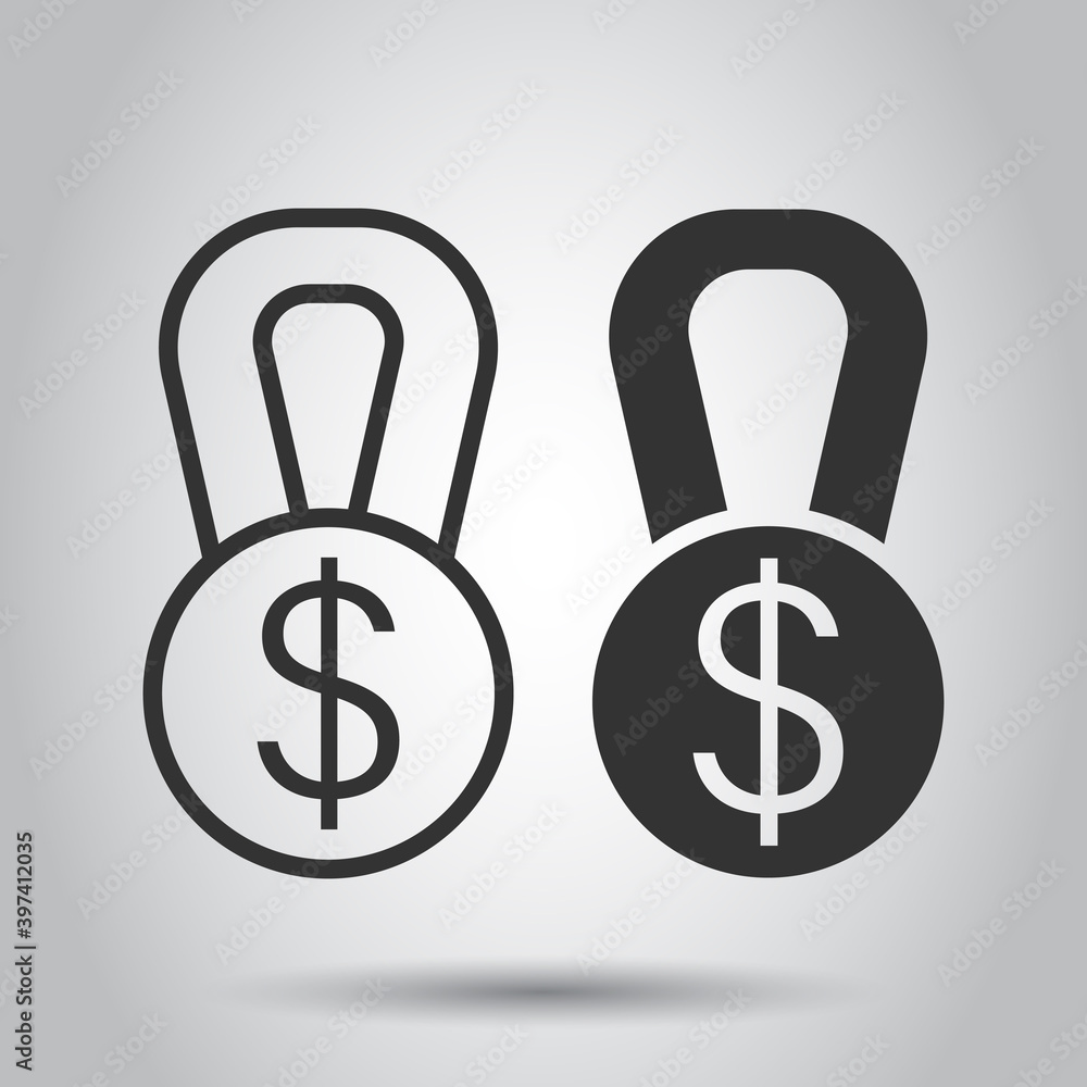 Medal with dollar icon in flat style. Money award trophy vector illustration on white isolated background. Banknote bill business concept. Medal with dollar icon in flat style. Money award trophy vector illustration on white isolated background. Banknote bill business concept.