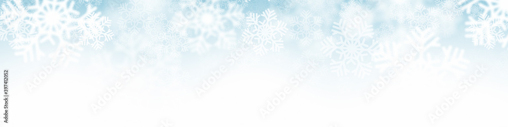 Naklejka premium Falling Snowflakes Vector Christmas Decoration Abstract Blurred Background. Merry Christmas And Happy New Year Banner Design Template. Winter Season Snowfall Illustration Wide Wallpaper