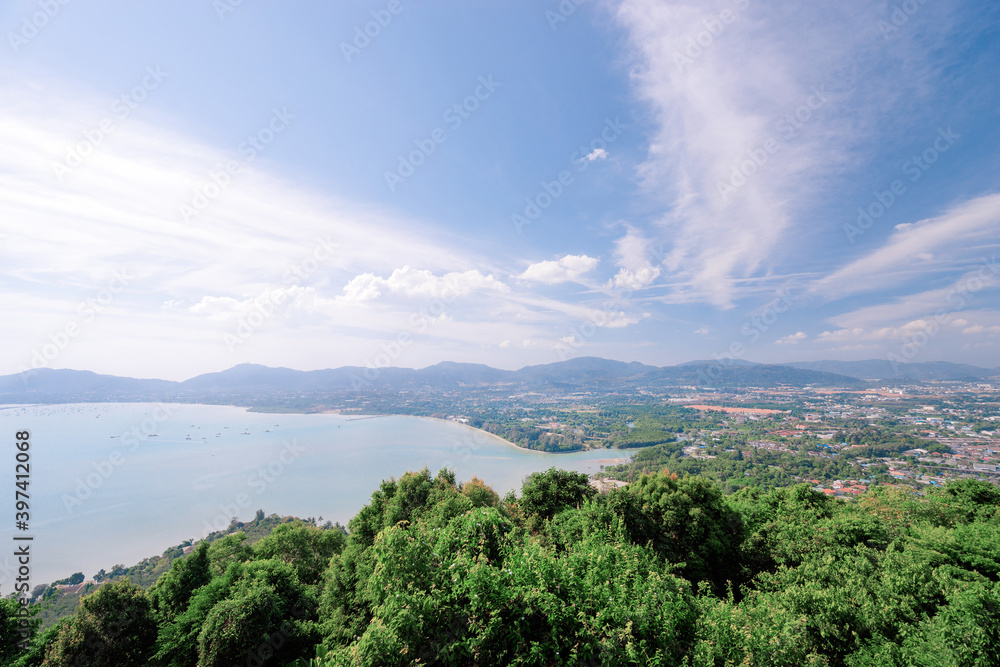 Phuket island view point. Beautiful tropical landscape with city, mountains and sea.