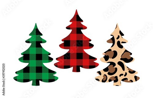 Christmas trees set with Buffalo plaid ornament in red, green and leopard print. Tartan plaid for festive background. Design for greeting card, pattern, banner.  Vector flat illustration.
