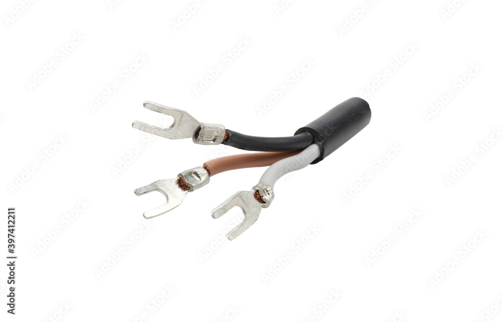 Electrical cable with terminal To connect electricity isolated on white background Electrical cable with terminal To connect electricity isolated on white background